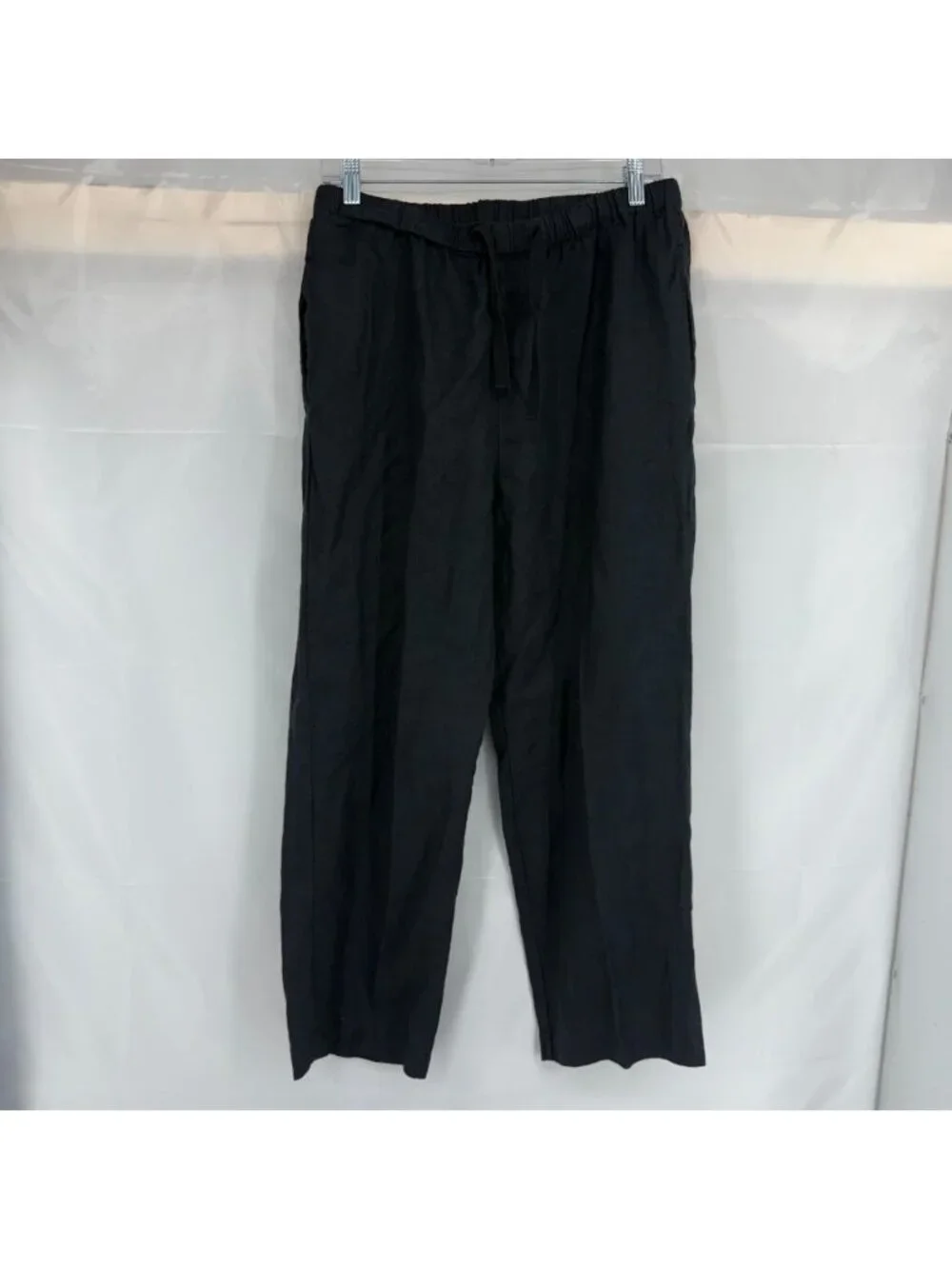 Quince Women M 100% Linen Pajama Pants Pull On Black Stretch Waist Breathable